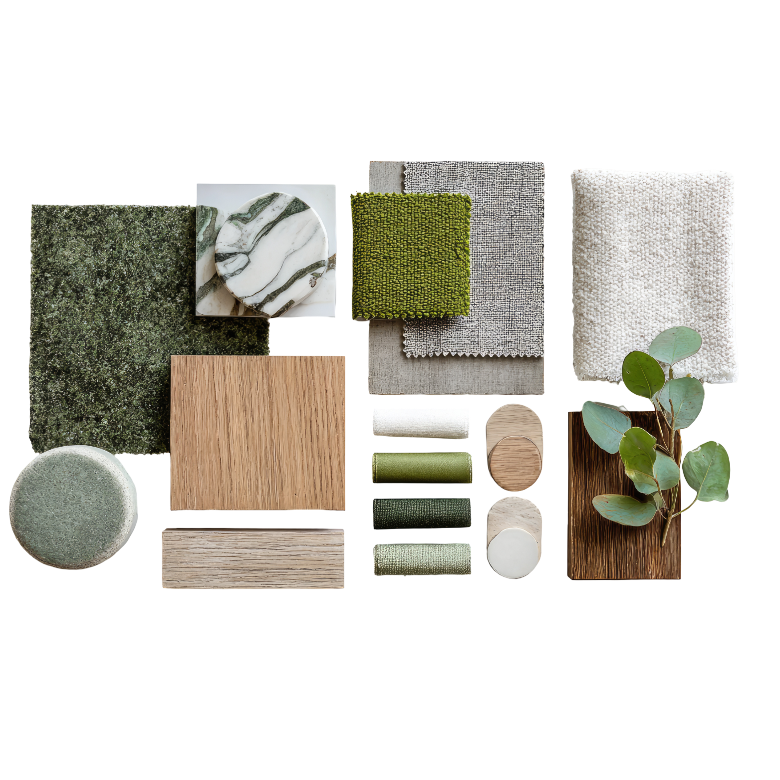 Curated material moodboard — stone, wood, textile and greenery swatches arranged on white
