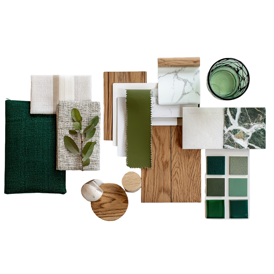 Curated material moodboard — green textiles, oak, marble and ceramic arranged on a white surface