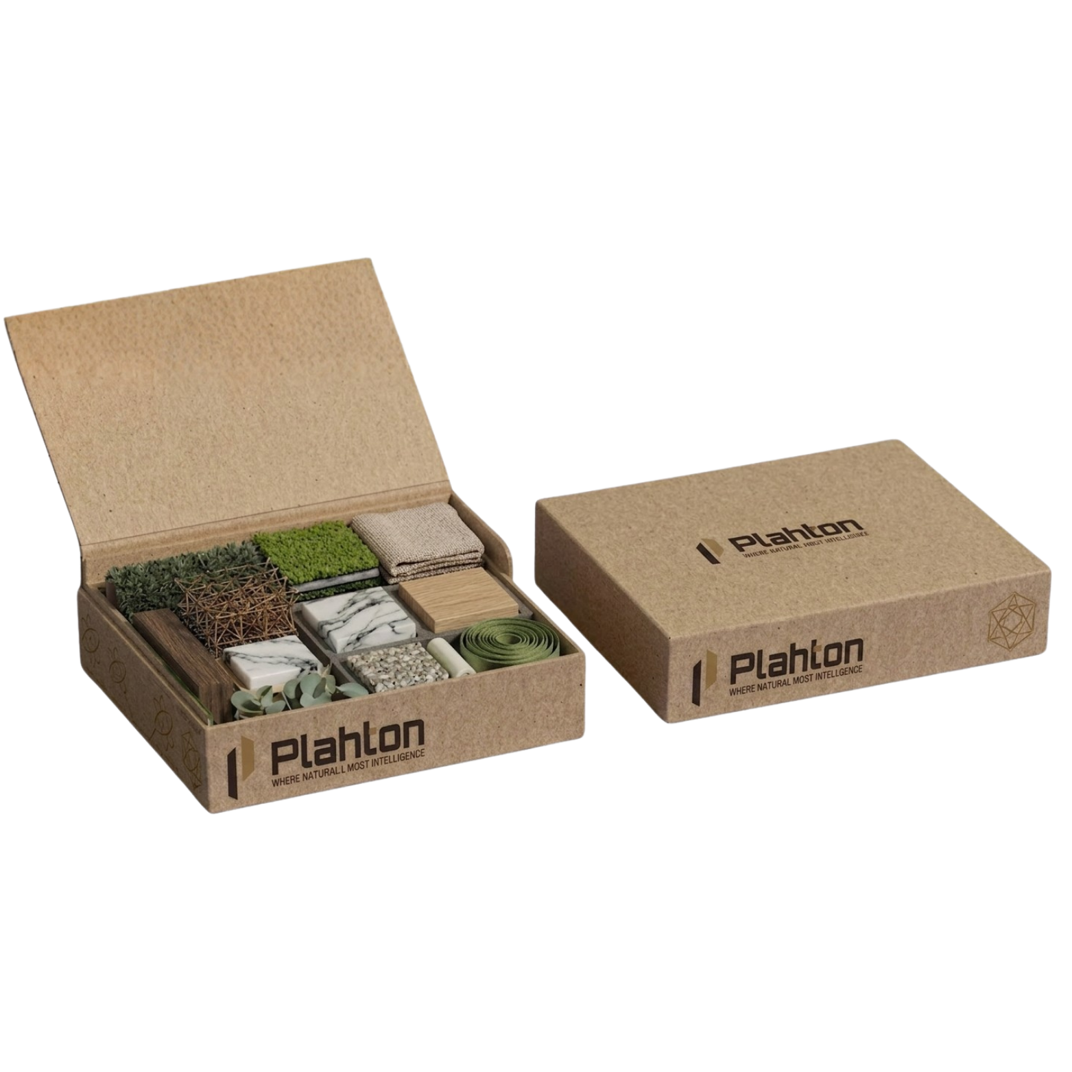 Plahton sample box — kraft case filled with curated stone, wood, textile and greenery swatches