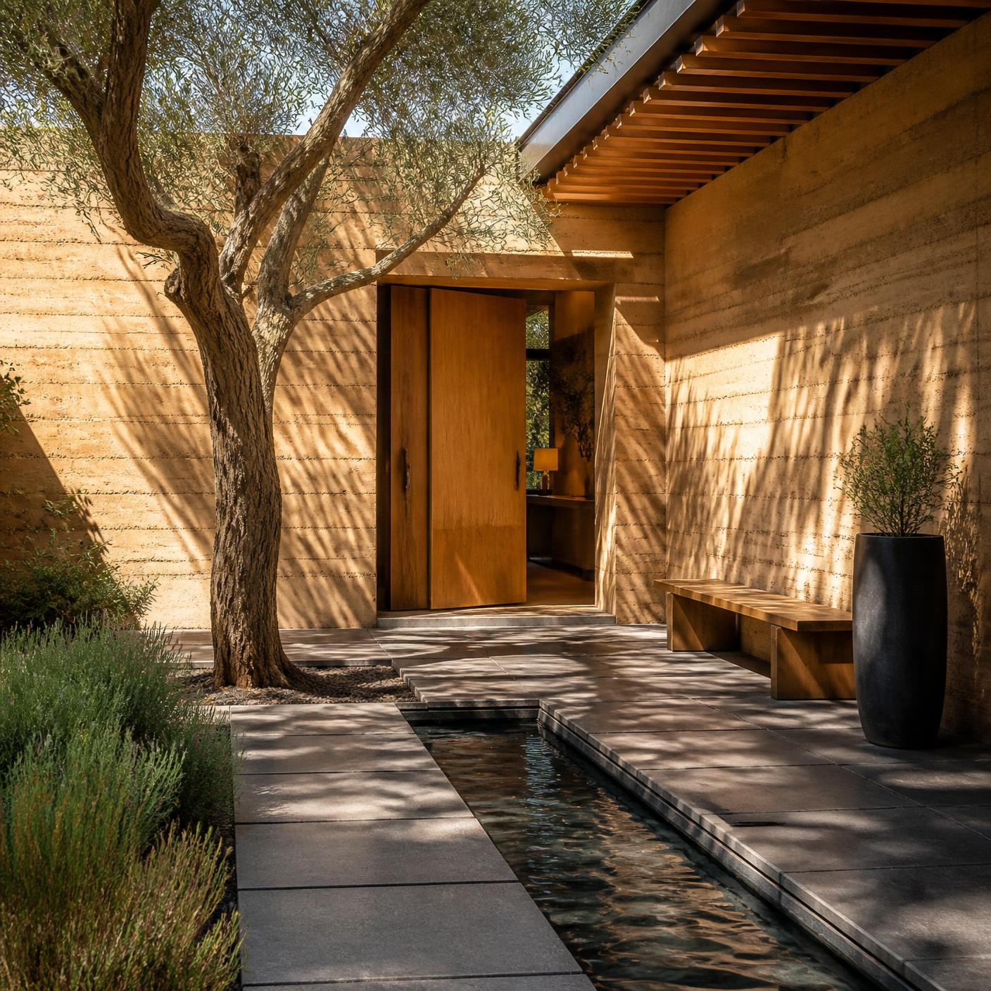 Rammed earth courtyard — olive tree, basalt water channel, oak pivot