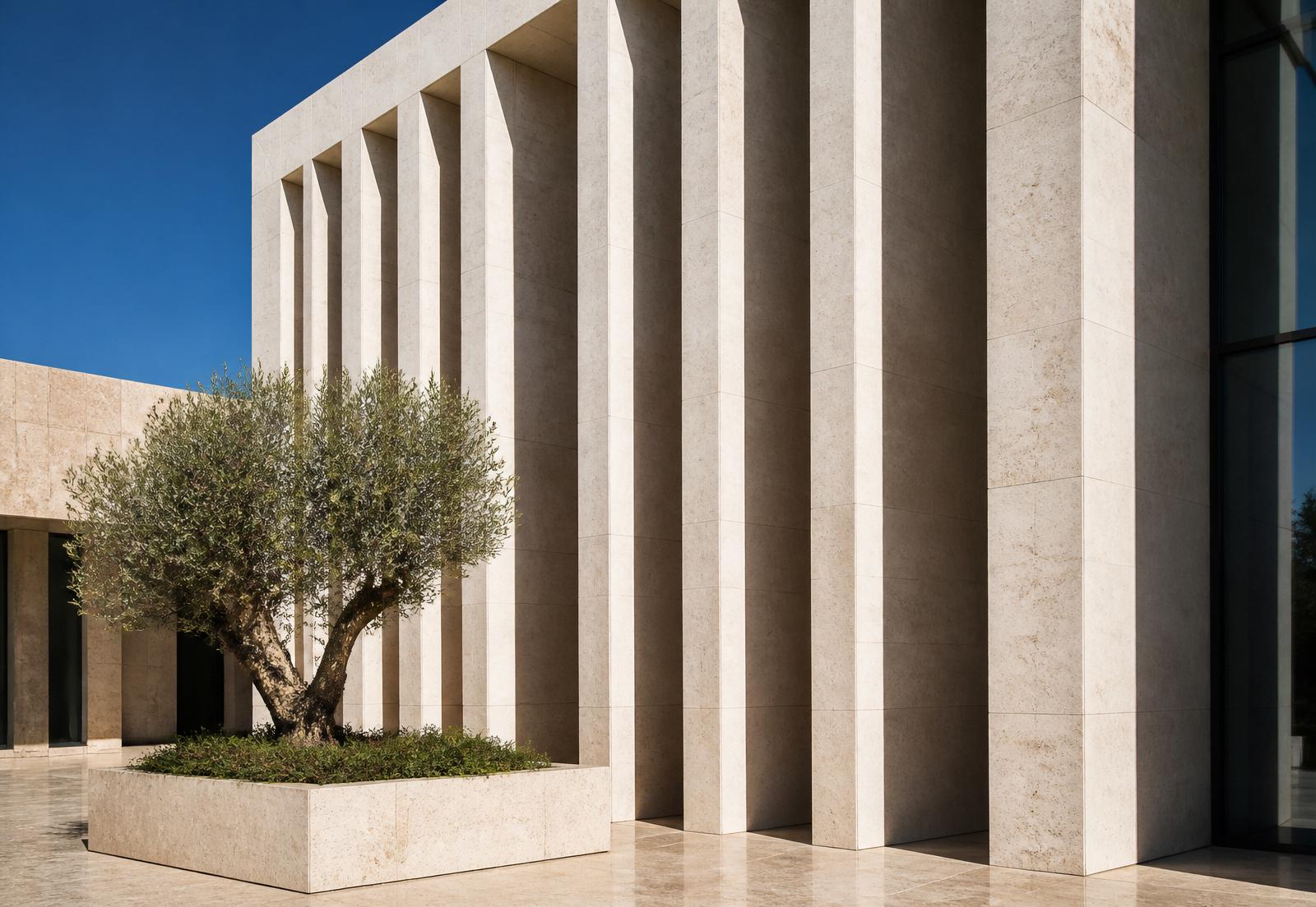 Limestone fin facade — travertine plaza, olive tree, Mediterranean sun