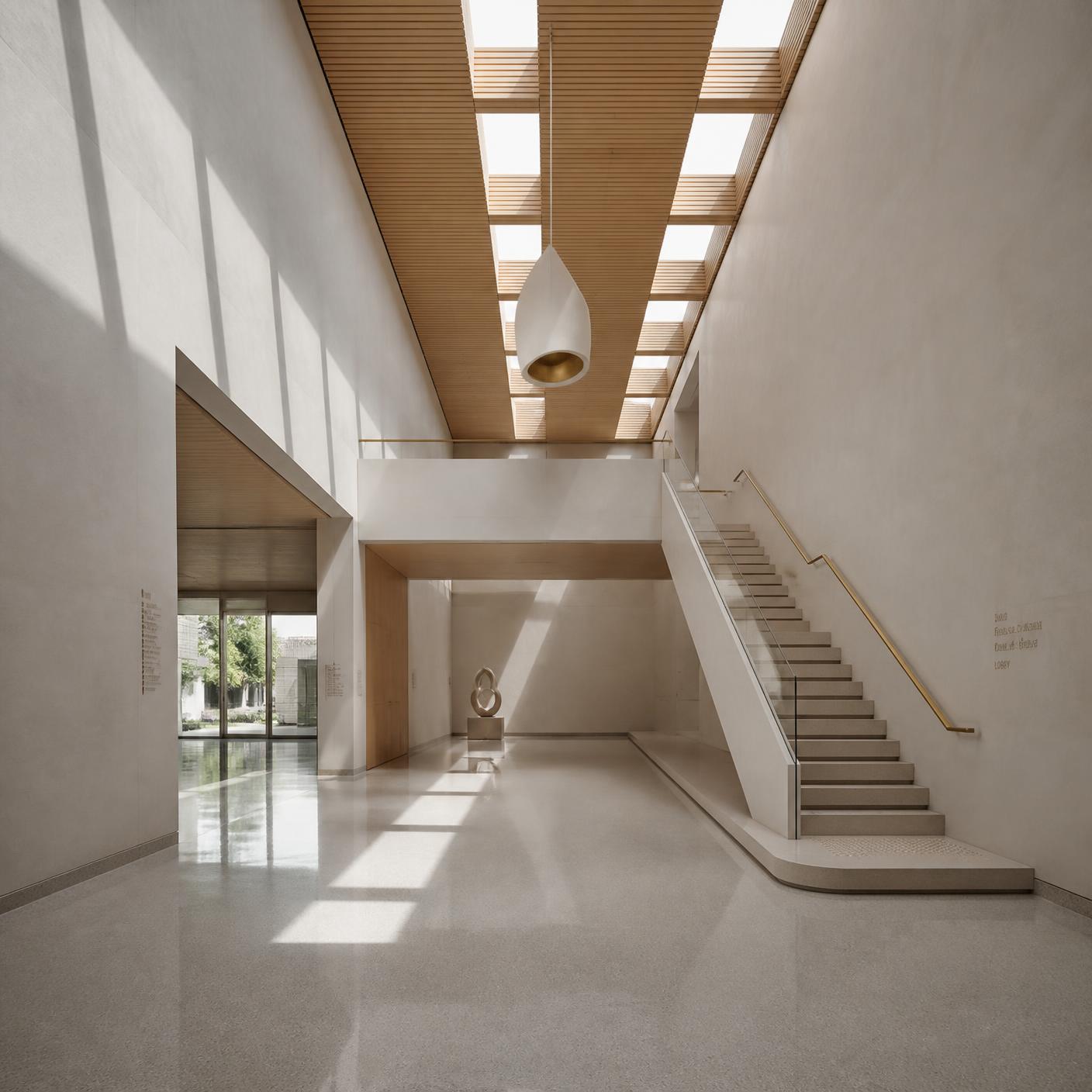 Museum atrium — micro-cement, oak slat ceiling, travertine stair