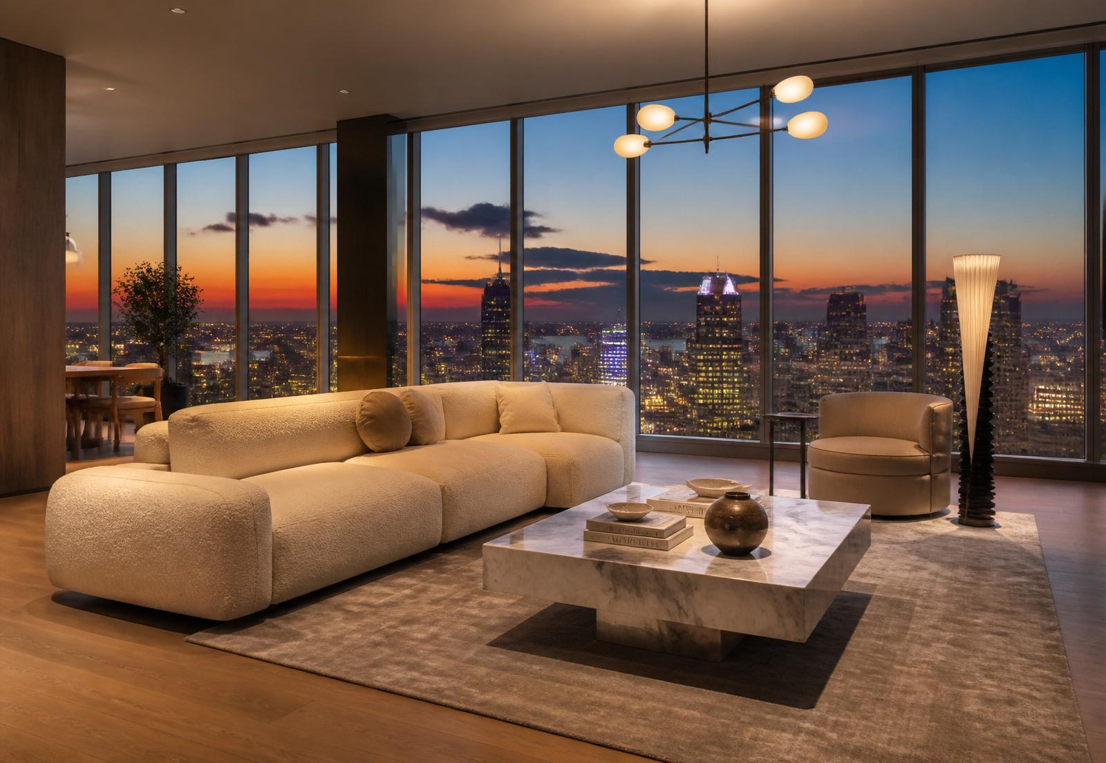 Penthouse living — bouclé sectional, marble table, city skyline