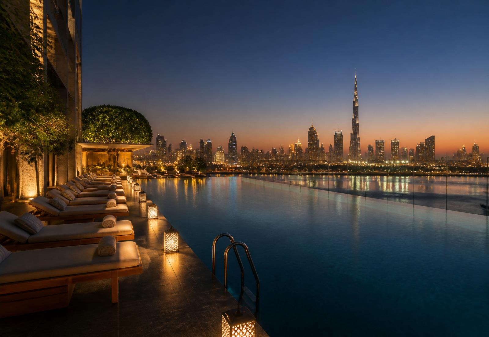 Rooftop infinity pool overlooking Dubai skyline at blue hour