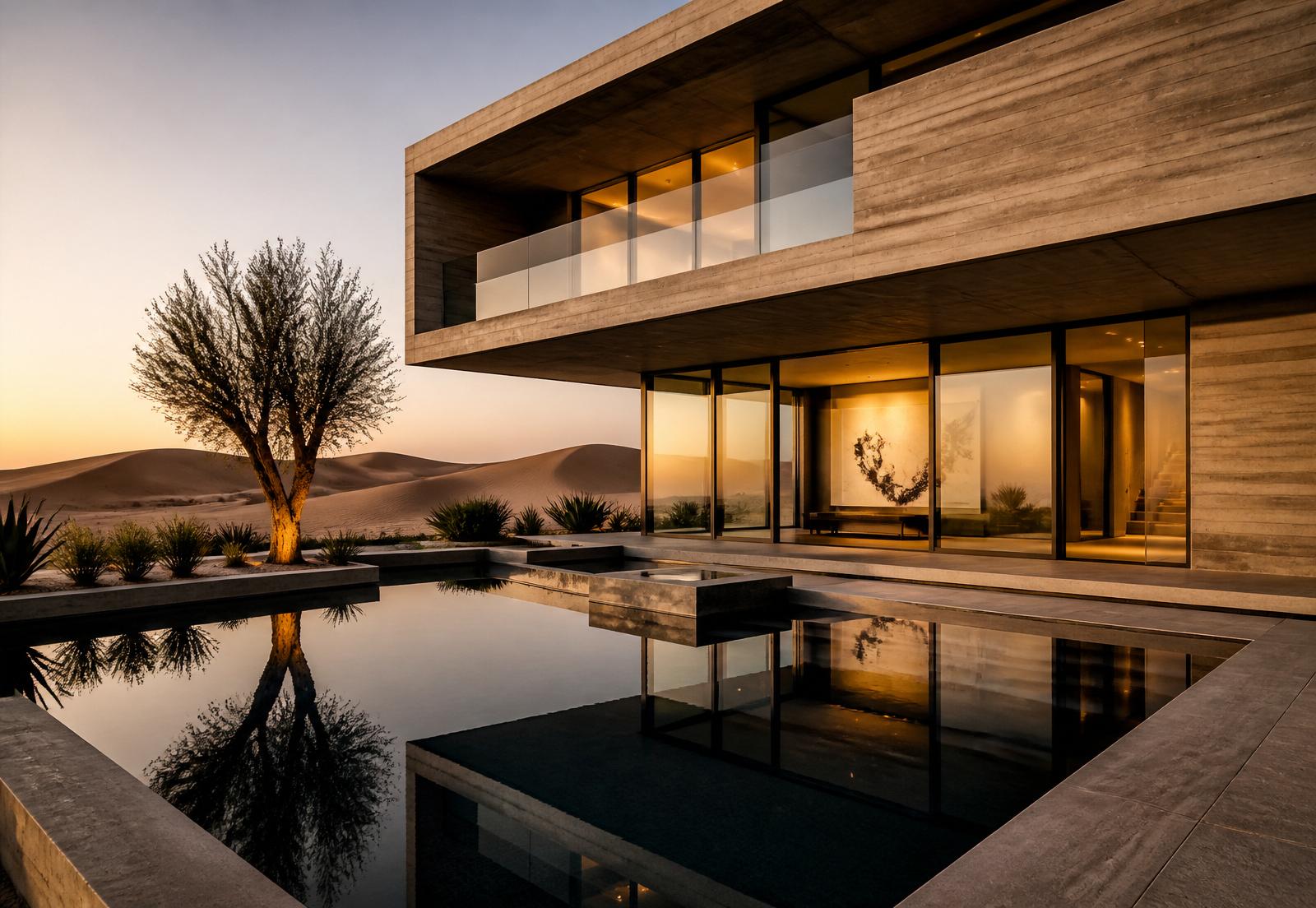 Desert villa exterior — board-formed concrete, bronze glazing, reflecting pool