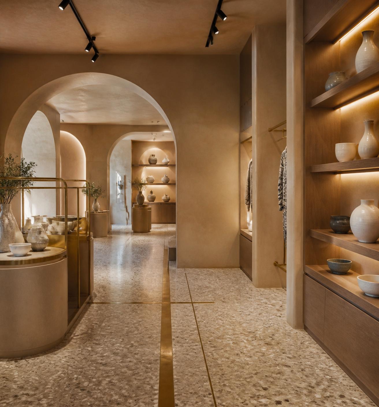 Boutique retail — terrazzo, plaster archways, oak millwork