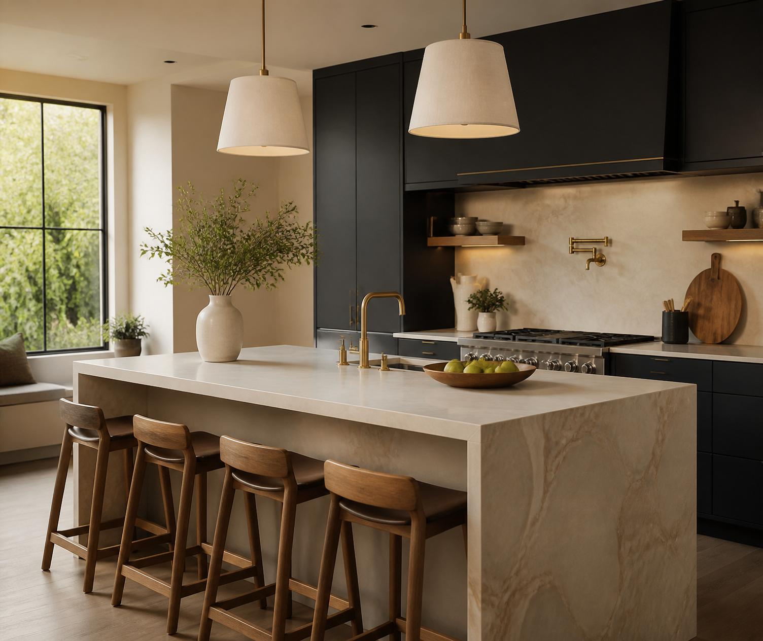 Chef's kitchen — quartzite waterfall, matte black cabinetry