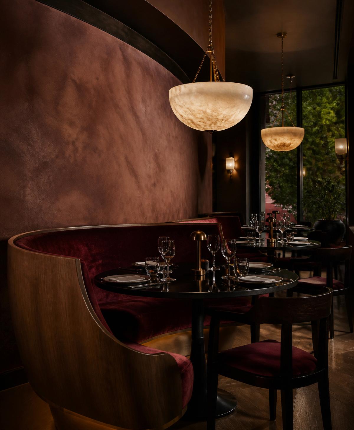 Fine dining — venetian plaster, mohair banquette, alabaster