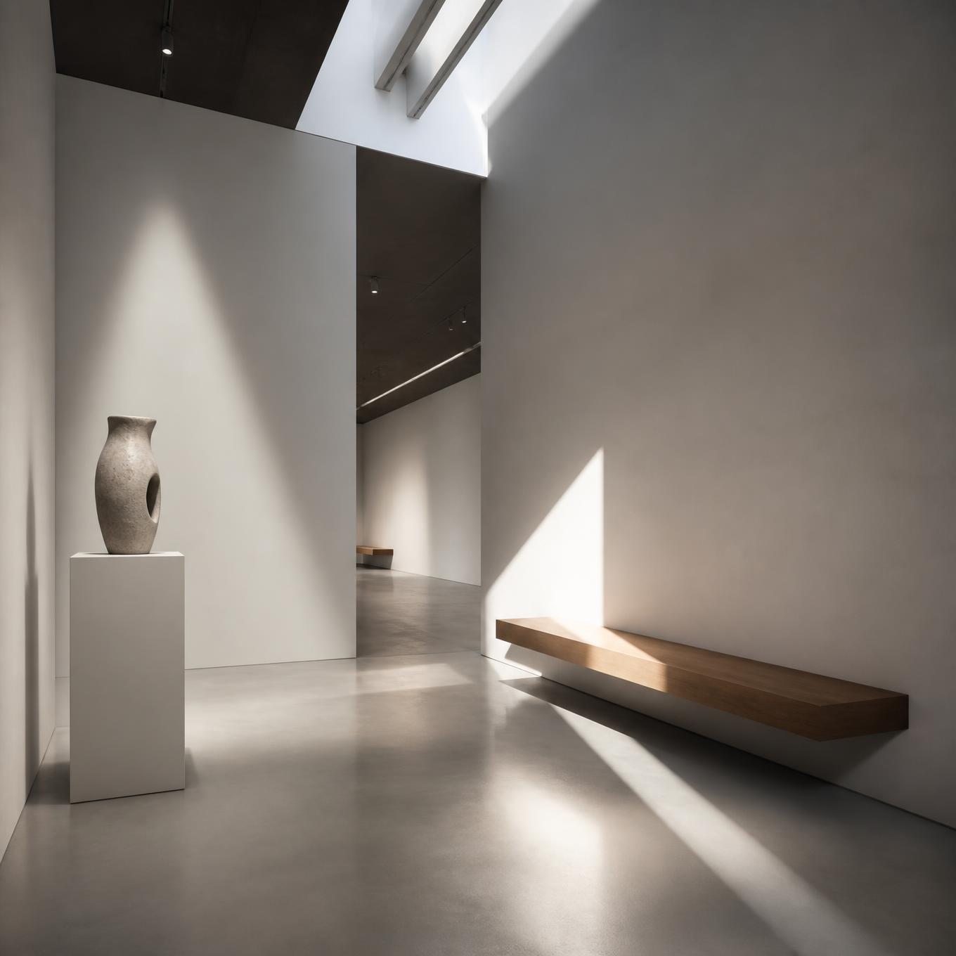 Art gallery — polished microcement, plaster, oak bench
