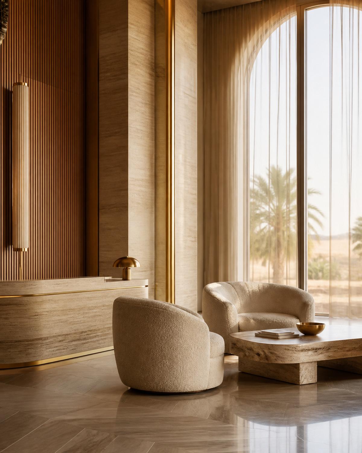 Hospitality lobby — travertine, fluted oak, brass