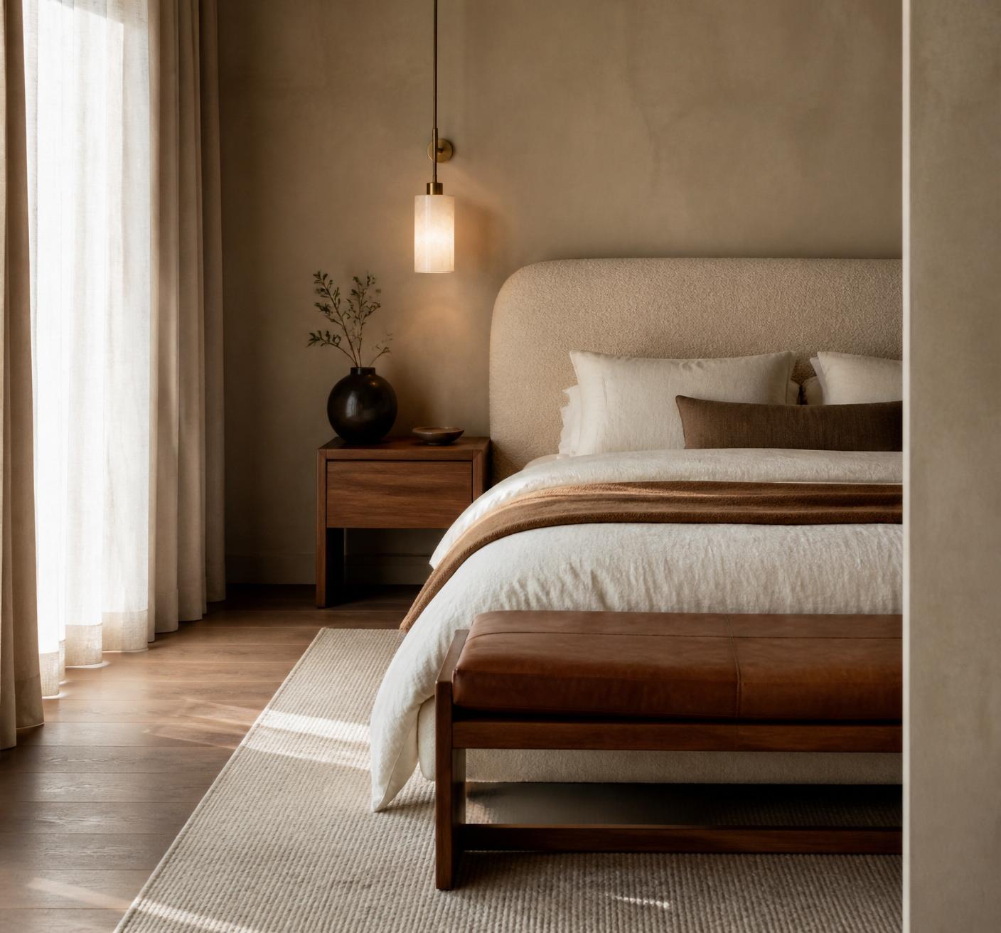 Master bedroom — bouclé headboard, cognac leather bench
