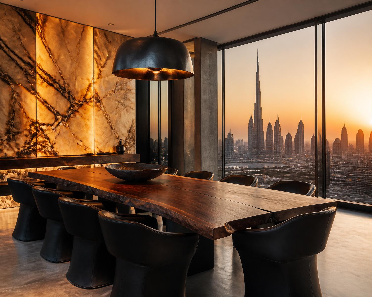 Penthouse dining — backlit onyx, live-edge walnut