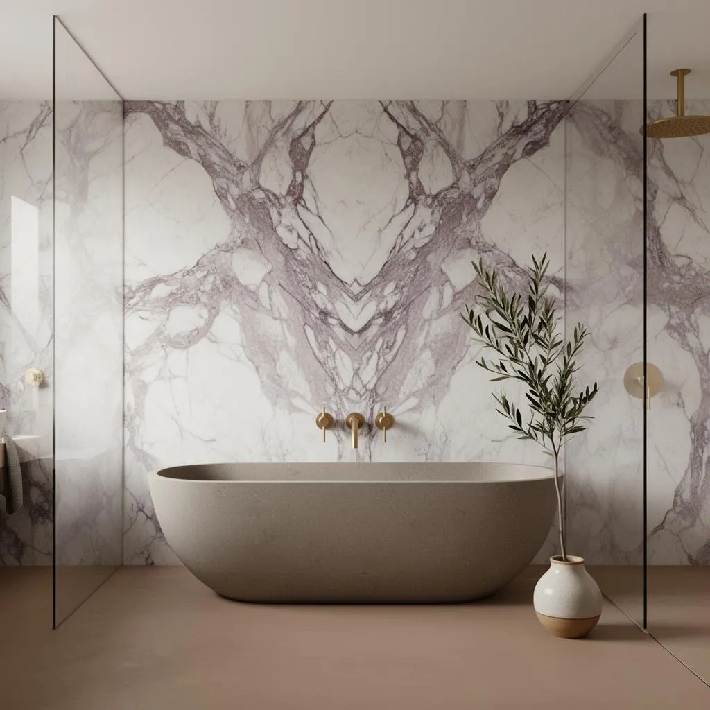 Luxury bathroom render — calacatta viola, micro-cement, brushed gold