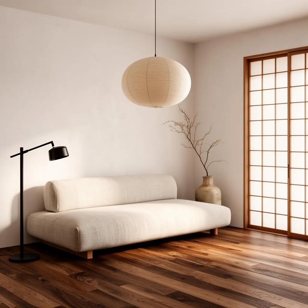 Japandi living room render — smoked oak, linen, paper pendant