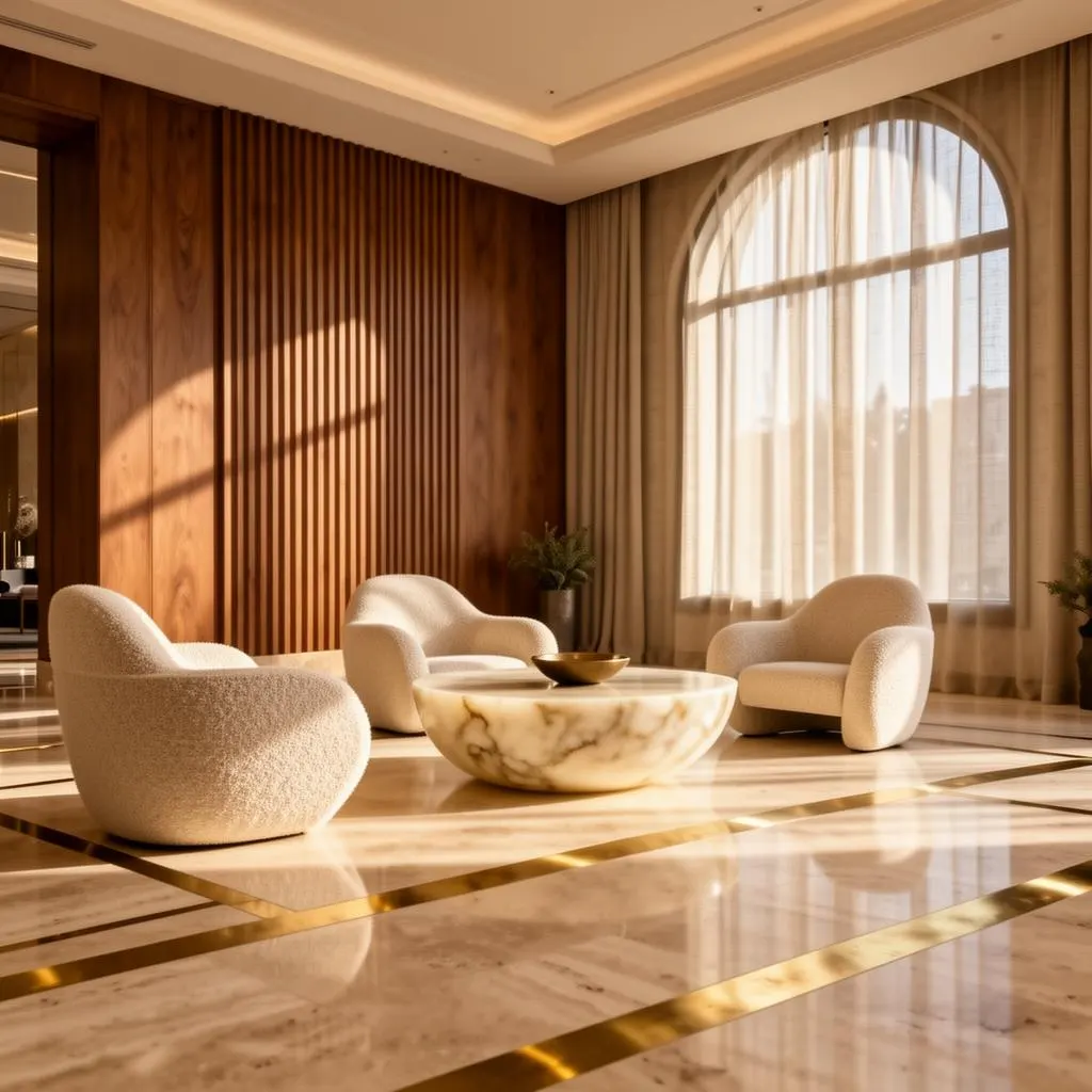 Hospitality lobby render — travertine, fluted oak, brass inlay