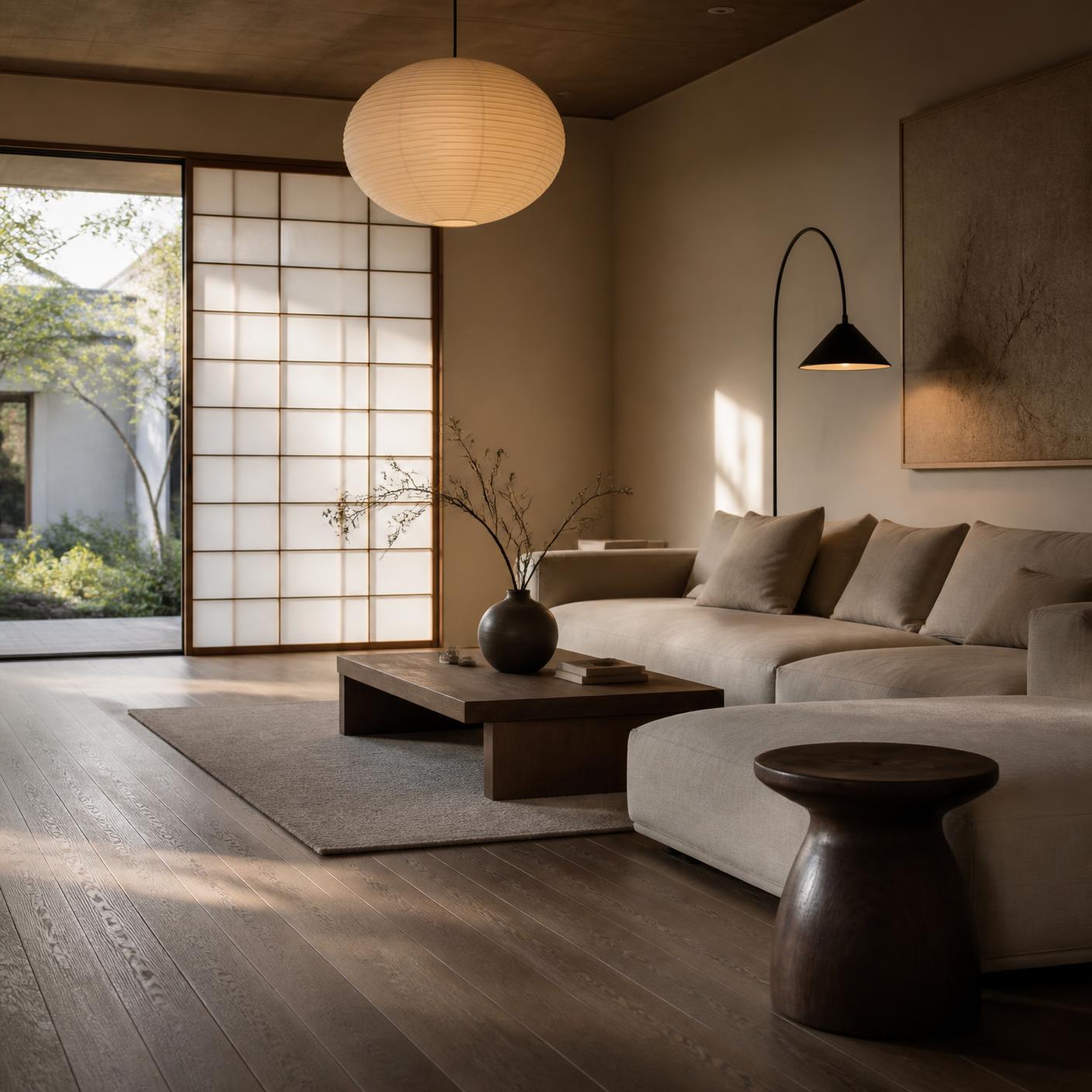 Japandi living room — smoked oak, linen sofa, washi pendant
