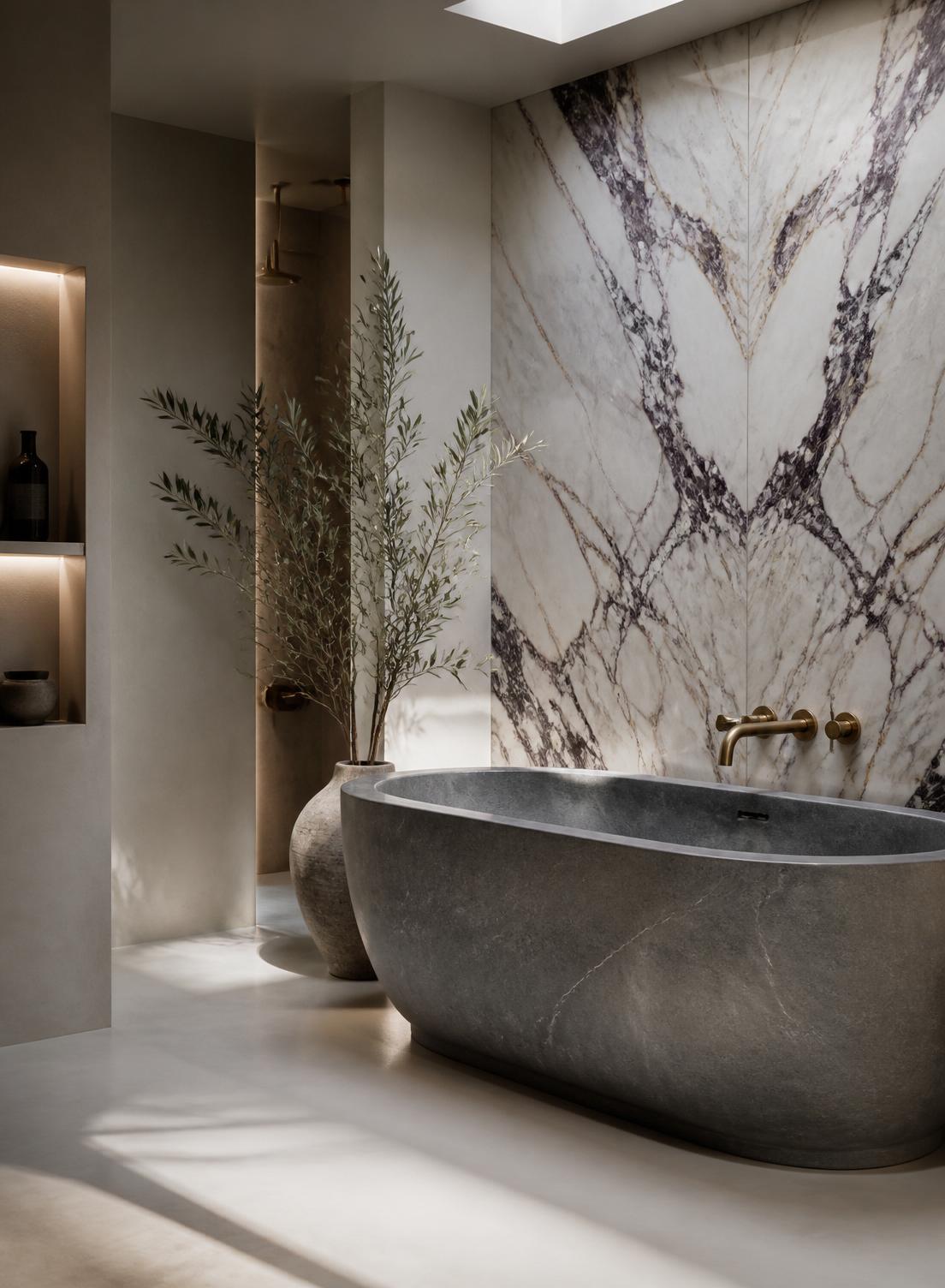 Wellness bathroom — calacatta viola, stone tub, brushed gold